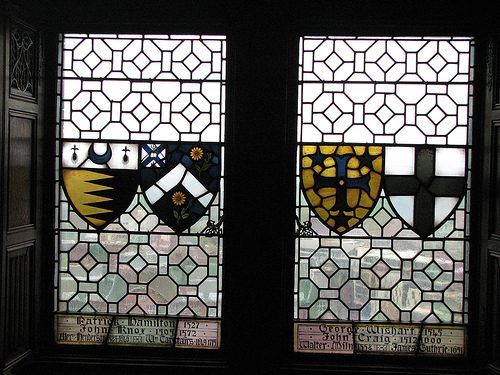 Windows honoring Scottish reformers Patrick Hamilton, John Knox, George Wishart, and John Craig. Edinburgh Castle.